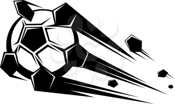Black and white doodle sketch of a speeding soccer ball loosing its pentagons as it flies through the air