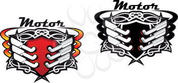 Motor sports icons incorporating silencers and exhaust pipes in red hot colours and in black and white, vector illustrations