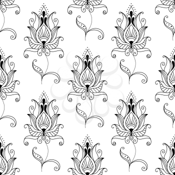 Repeat calligraphic seamless pattern in black and white of ornate floral persian motifs in a square format