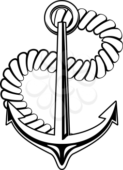 Marine nautical anchor with a coiled rope and sharp flukes on white. Black and white vector illustration