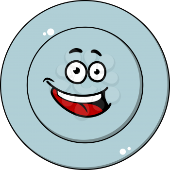 Happy blue plate with a laughing face and red tongue, overhead view on white, vector cartoon illustration
