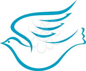 Vector doodle sketch of a graceful flying dove or pigeon of peace in profile with outstretched wings, blue on white