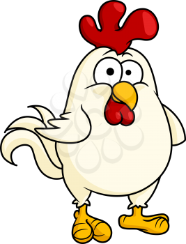 Cartoon vector illustration of a funny fat little rooster or cock with a bright red comb standing with a bemused expression, on white