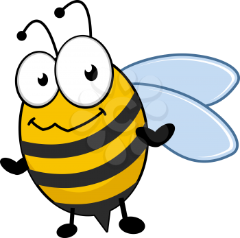 Little striped black and yellow honey bee with a bemused smiling expression. Cartoon vector illustration