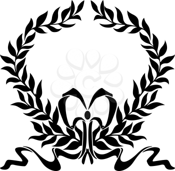 Black and white design element of foliate laurel wreath with a decorative bow enclosing white copyspace