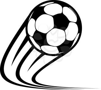 Zooming soccer ball flying through the air with curved motion trails in a black and white vector doodle sketch