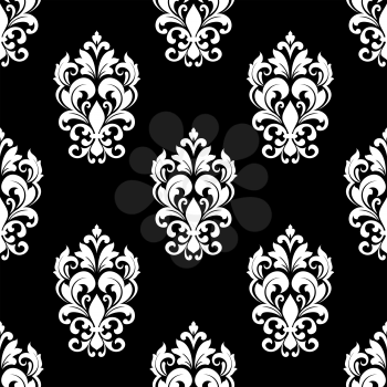 Black and white seamless pattern with floral motifs in arabesque design on a black background suitable for fabric or wallpaper