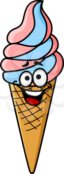 Ice cream cone with pink and blue twirled ice cream and a laughing smile, vector cartoon illustration