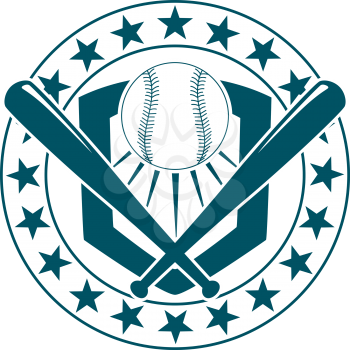 Blue and white baseball emblem or banner with a circular frame with stars around it enclosing a ball and crossed bats for sports design