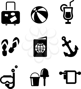 Set of silhouette summer vacation and travel icons depicting luggage,beach ball, cocktail drink, thongs, ticket, passport, anchor, snorkeling, bucket and spade
