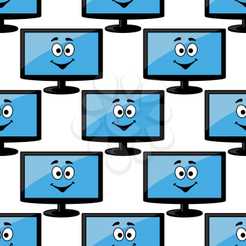 Seamless pattern of a happy desktop computer monitor with a smiling face on the screen in blue