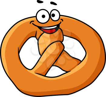 Funny crispy golden pretzel with a happy smile and the traditional knotted shape, cartoon illustration