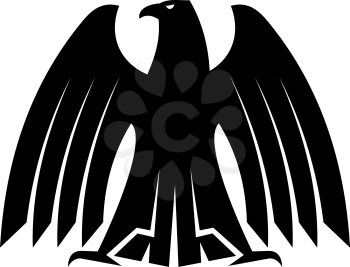 Silhouette of a proud eagle with outspread wing and tail feathers looking to the side for heraldry design