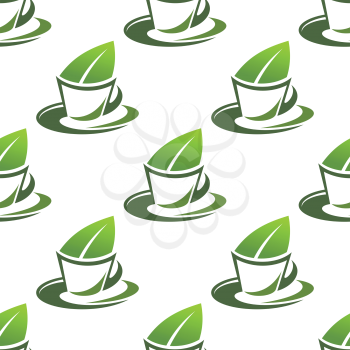 Seamless pattern in square format of a cup of organic green tea with a fresh green leaf protruding from a teacup