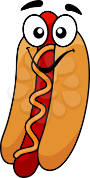 Fun hot dog and mustard with a grilled frankfurter topped with zigzag muztard on a roll and a happy smile for fast food design