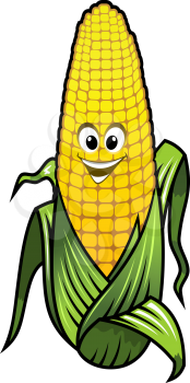 Healthy fresh yellow corn vegetable on the cob with a big happy smile and green leafy covering