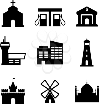 Architecture and buildings icons including a church, garage, bank, airport, commercial, lighthouse, castle, windmill and landmarks, vector illustration