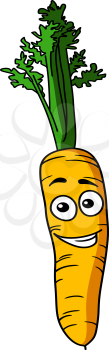 Fresh whole carrot vegetable with green leafy top and a happy smiling face, cartoon illustration