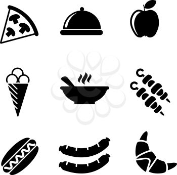 Set of black and white food icons with a slice of pizza, dome, apple, ice cream cone, kebabs, hot dog, sausages, a croissant and a bowl of hot food, vector illustrations