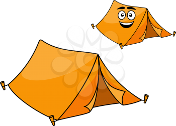 Two colorful orange canvas tents for camping with corner pegs and open flaps, one with a smiling face isolated on white