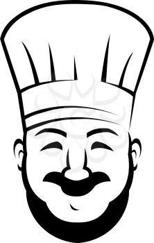 Black and white sketch of a happy smiling chef with a beard and moustache wearing a traditional white toque