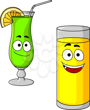 Happy cartoon glasses of fresh fruit juice with a tall glass of orange juice with a smiley face and an elegant glass of green cocktail with lemon
