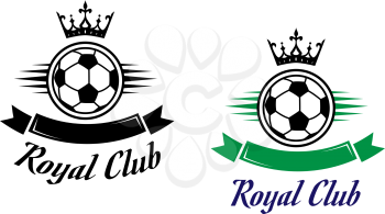 Royal football or soccer club symbol with ball, crown and ribbons for sports design
