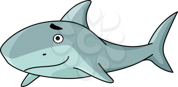 Big smiling swimming blue cartoon shark, side view, vector illustration isolated on white
