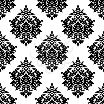 Intricate damask style arabesque seamless pattern in black and white with an ornate floral motif in square format suitable for wallpaper and textile