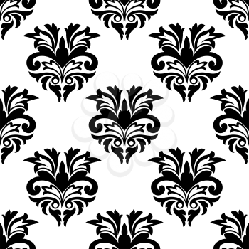 Floral damask style seamless pattern with a repeat black and white design motif in square format suitable for fabric, tiles and wallpaper