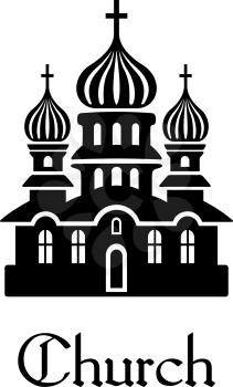 Black and white silhouette Church icon with onion shaped domes and a cross in an religious concept