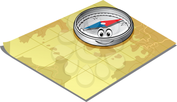 Cute little magnetic compass with a smiling face lying on a map conceptual of travel and exploration design