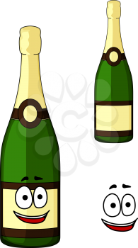 Happy festive green bottle of luxury champagne with a golden cap and happy smiling face with a second bottle with a blank label, cartoon  illustration isolated on white