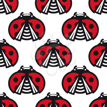 Seamless background pattern of little spotted red ladybugs or ladybirds with opened wings in a repeat motif square format for wallpaper or fabric design