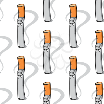 Seamless background pattern of an evil little cigarette with a nasty smile and smoke wafting from the tip in square format, cartoon vector illustration isolated on white