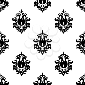 Decorative floral seamless pattern with black flourishes on white background
