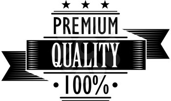Black and white label icon for Premium Quality 100 percent with a flowing ribbon banner and text on white