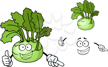 Fun cartoon kohlrabi with a laughing face and fresh green leaves, vector illustration isolated on white