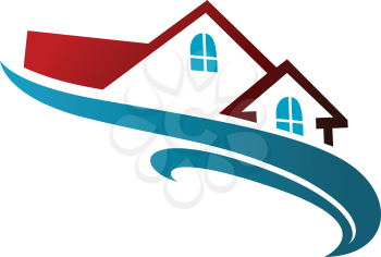 Real estate symbol with house roof and blue wave