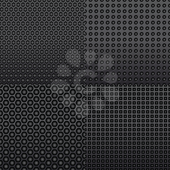 Four different repeat seamless carbon patterns in dark grey resembling an indented surface of shaded stippled shapes in square format
