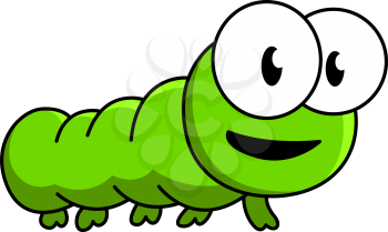 Inquisitive green cartoon caterpillar insect looking at you with big round eyes, isolated on white