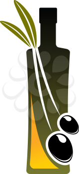 Olive oil icon with a bottle and two fresh black olives with leaves for natural virgin olive oil,vector illustration