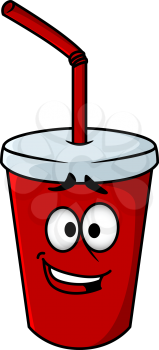 Cartoon takeaway soda in a colourful red mug with a straw and happy smiling face, vector illustration