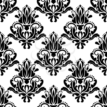 Damask seamless pattern background with black and white decorative elements in retro style