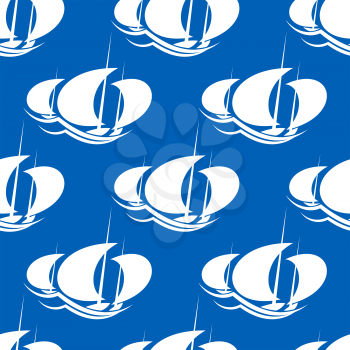 Seamless background pattern of white silhouettes of racing yachts upon the sea with billowing sails
