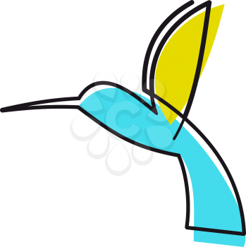 Colourful cartoon hummingbird hovering midair with its wings raised and long thin beak extended