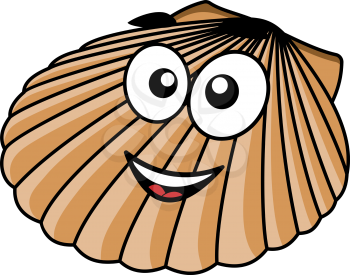 Cartoon seashell with a happy smile and the fan shaped shell of a typical mollusk, vector illustration on white