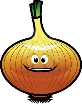 Cheeky little cartoon golden onion with a happy grin isolated on white, vector illustration