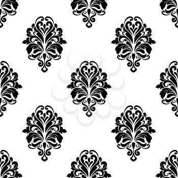 Damask seamless pattern background with black floral embellishments in square format