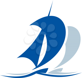 Blue icon depicting the silhouette of a yacht or sailing ship upon the waves with a billowing sail, for yachting sports design
